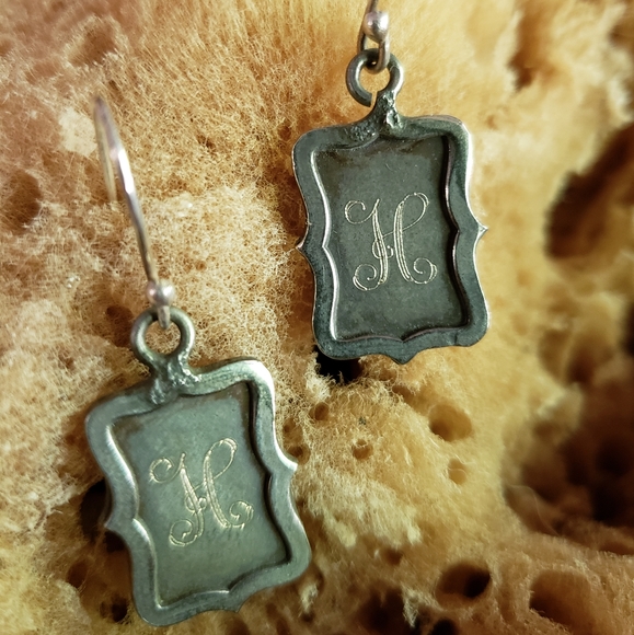 H Initial Engraved Antiqued Silver Dangle Earrings - Picture 2 of 6